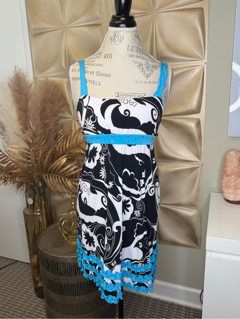 Justice Black & White Floral Dress with Turquoise Trim
